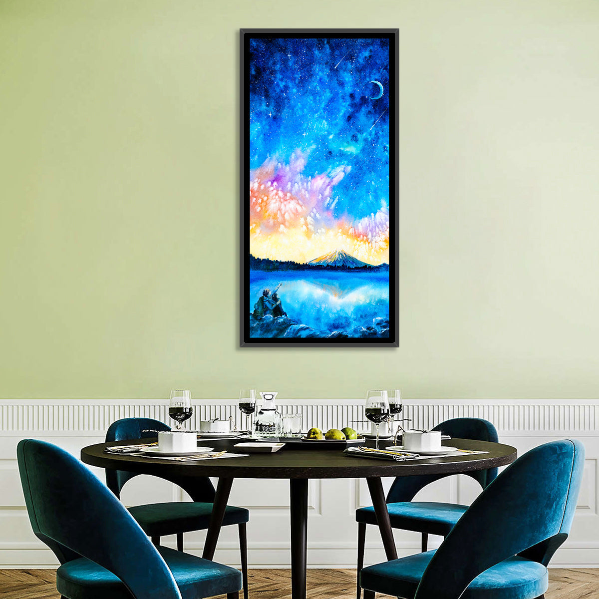 Starry Night Mountain Lake Wall Art in a room, portrait
