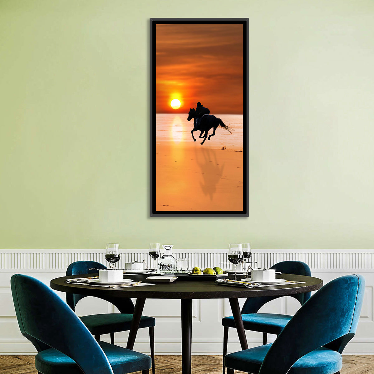Horse and Rider at Sunset Wall Art in a room, portrait
