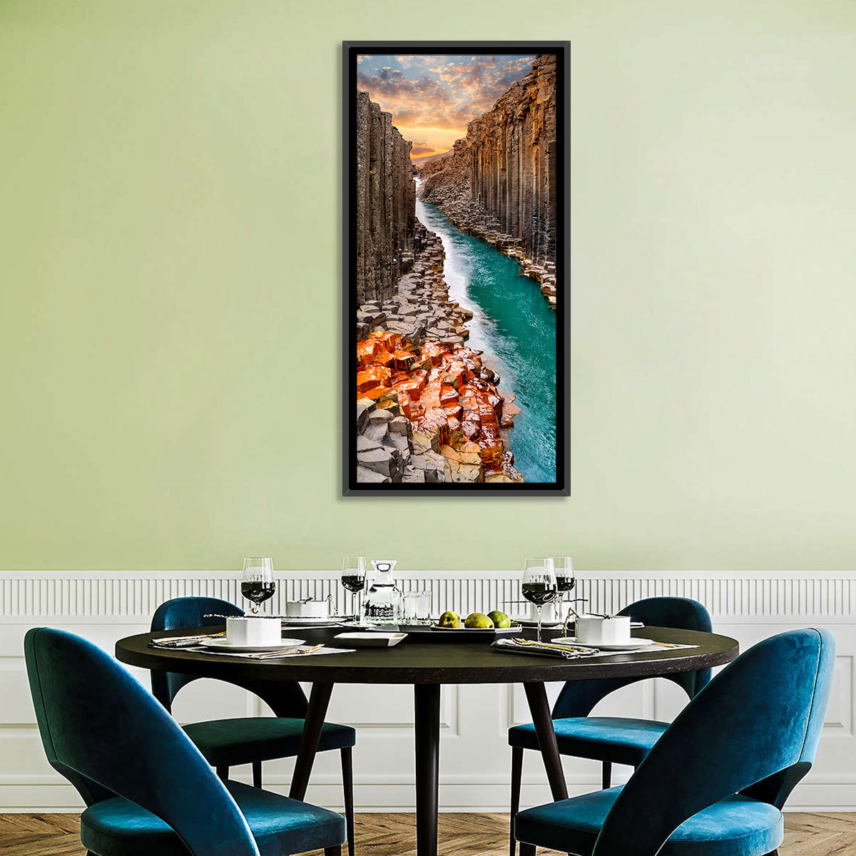 Stuðlagil Canyon Basalt Columns at Golden Hour Wall Art in a room, portrait