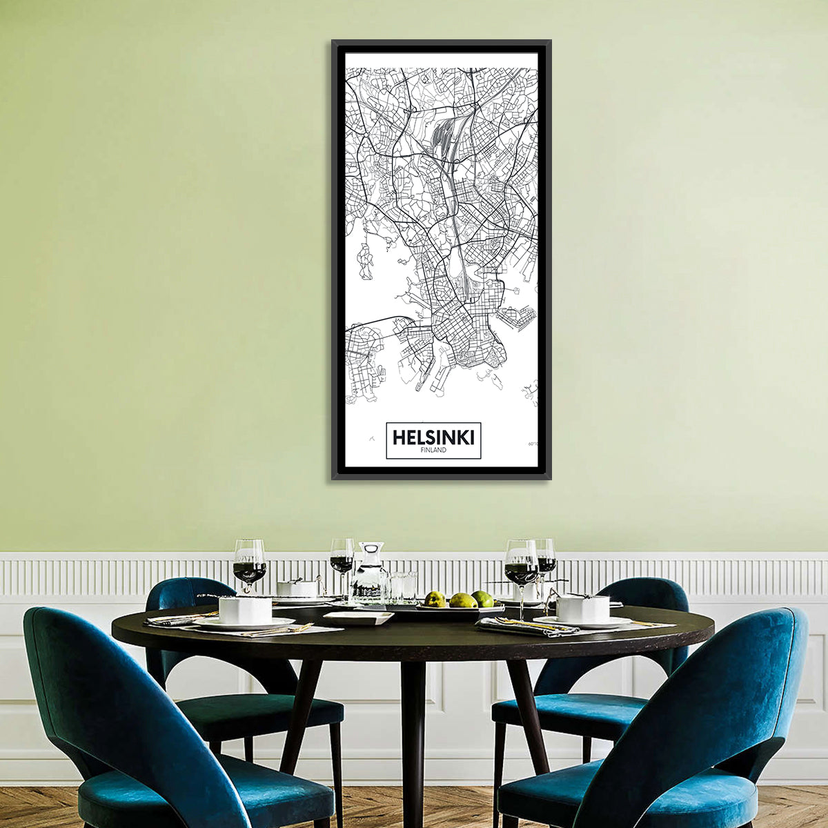 Helsinki Street Grid Map Wall Art in a room, portrait