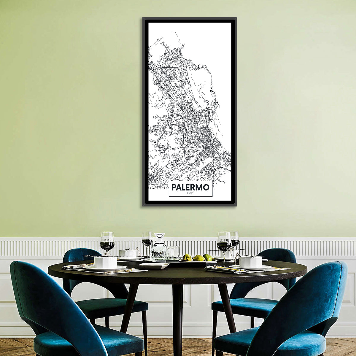 Palermo Minimalist City Map Wall Art in a room, portrait