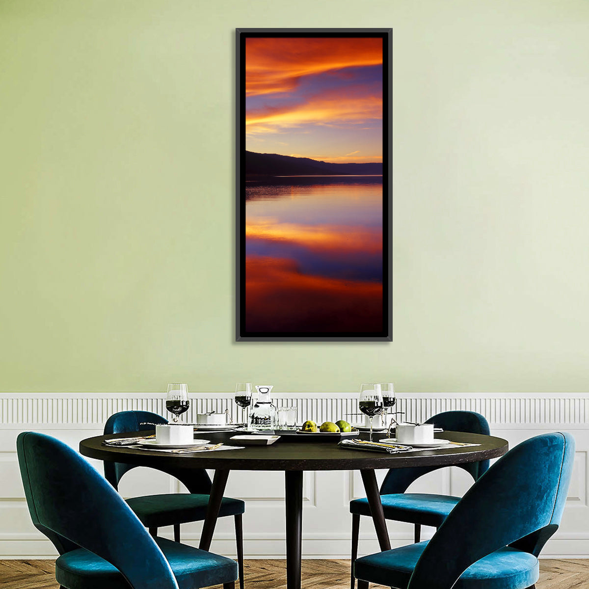 Dusk Over Mountain Lake Wall Art in a room, portrait