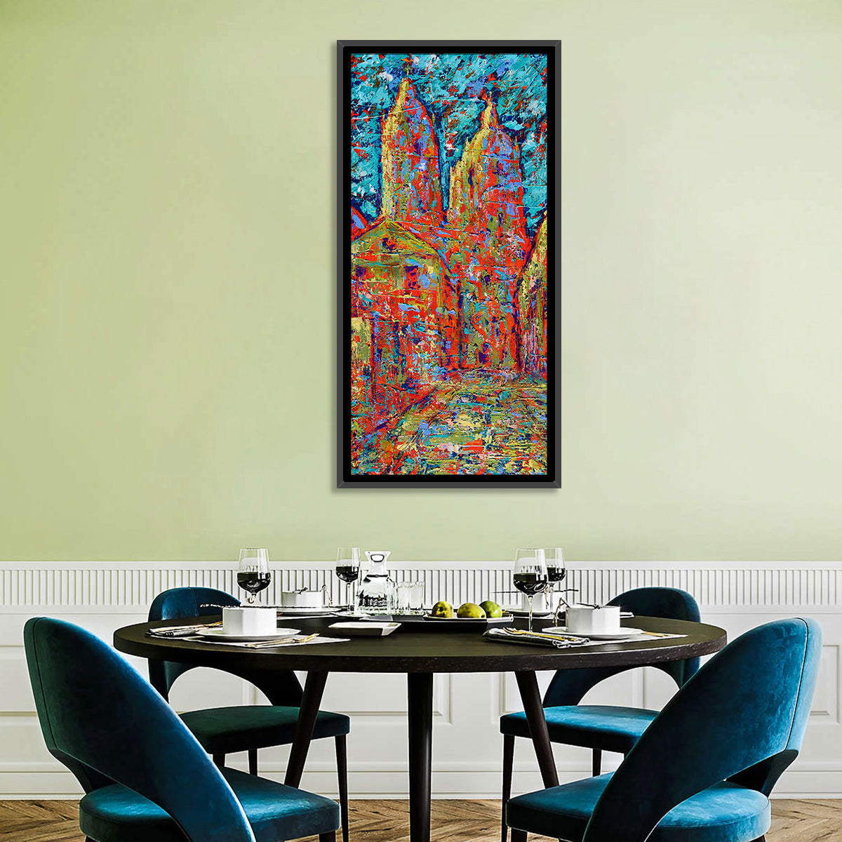 Gothic Spires Cityscape Wall Art in a room, portrait
