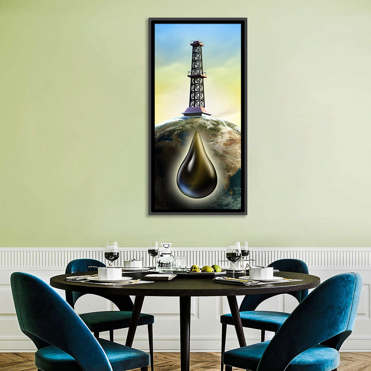 Oil Derrick with Glowing Drop Wall Art in a room, portrait