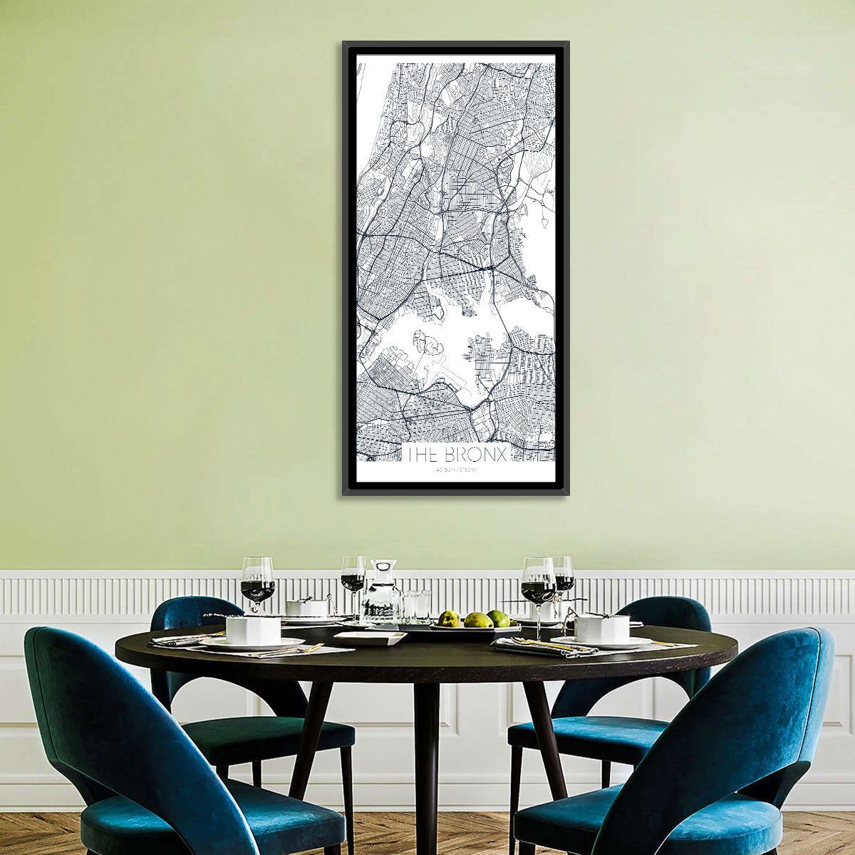 Bronx Black and White Map Wall Art in a room, portrait