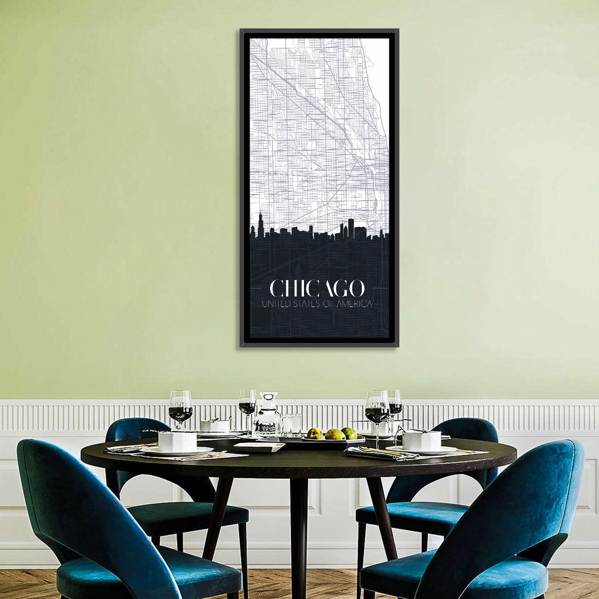 Chicago Skyline Map Wall Art in a room, portrait