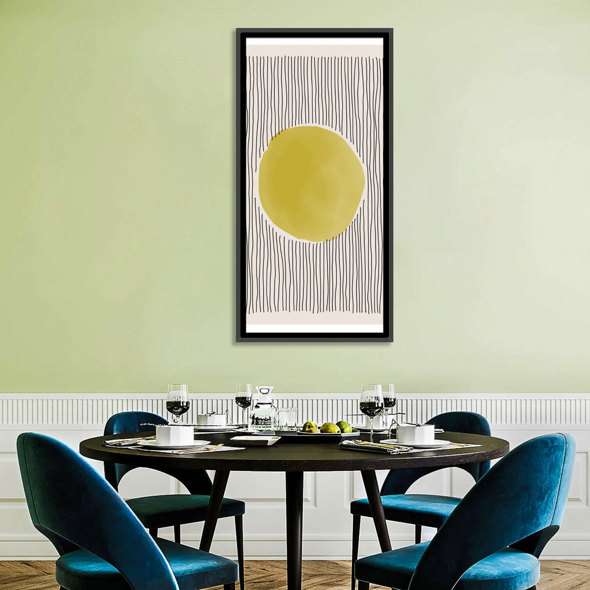 Watercolor Circle Minimalist Abstract Wall Art in a room, portrait