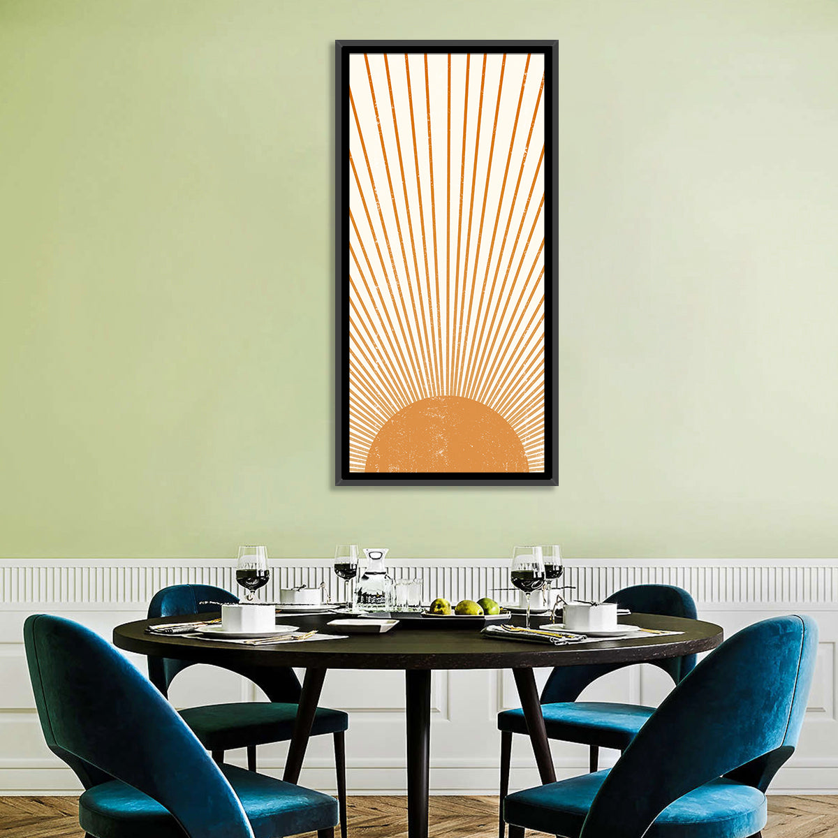 Distressed Sunburst Minimalist Wall Art in a room, portrait