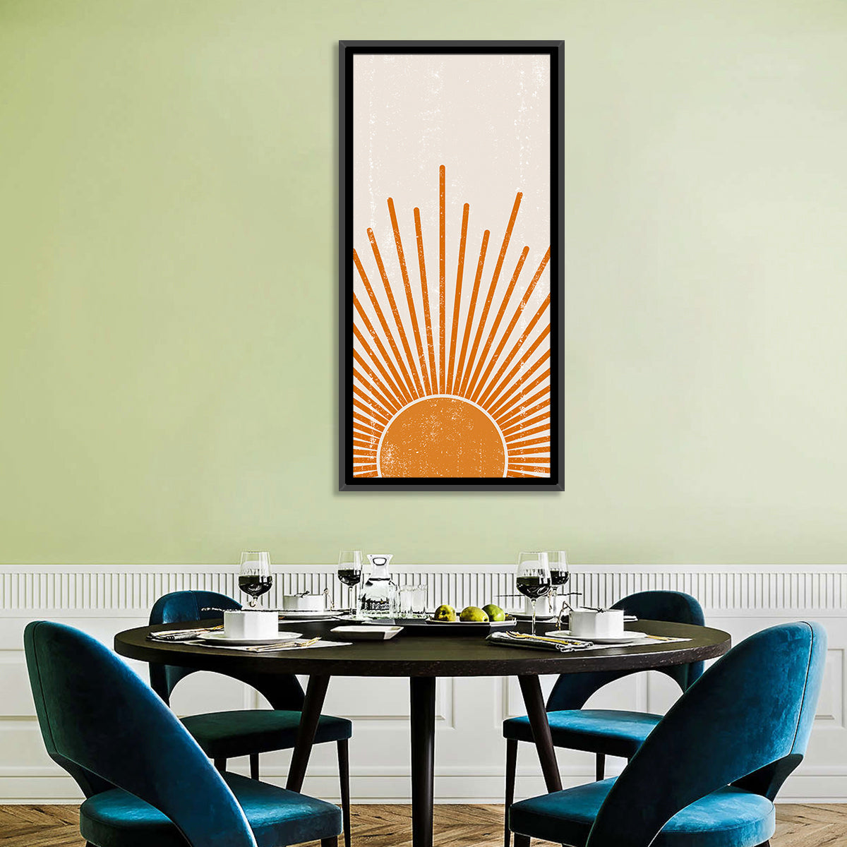 Warm Boho Sun Illustration Wall Art in a room, portrait