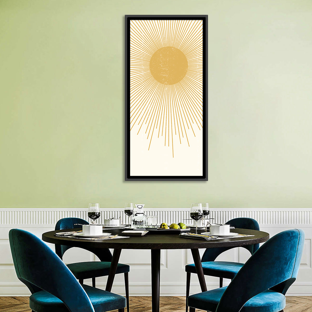 Textured Sunburst Abstract Wall Art in a room, portrait