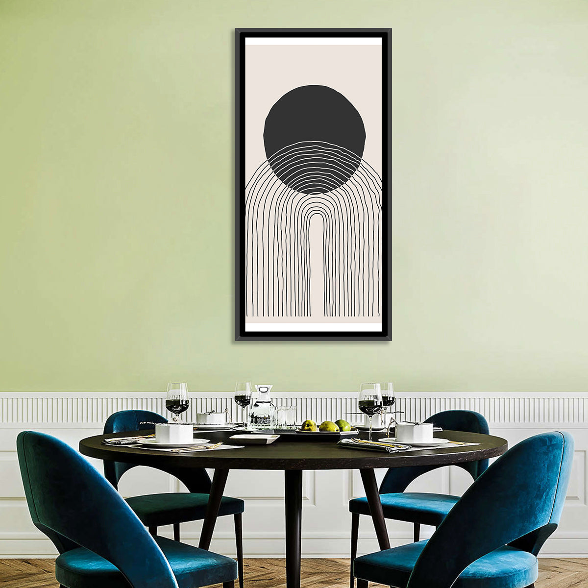 Minimalist Black Sun Wall Art in a room, portrait