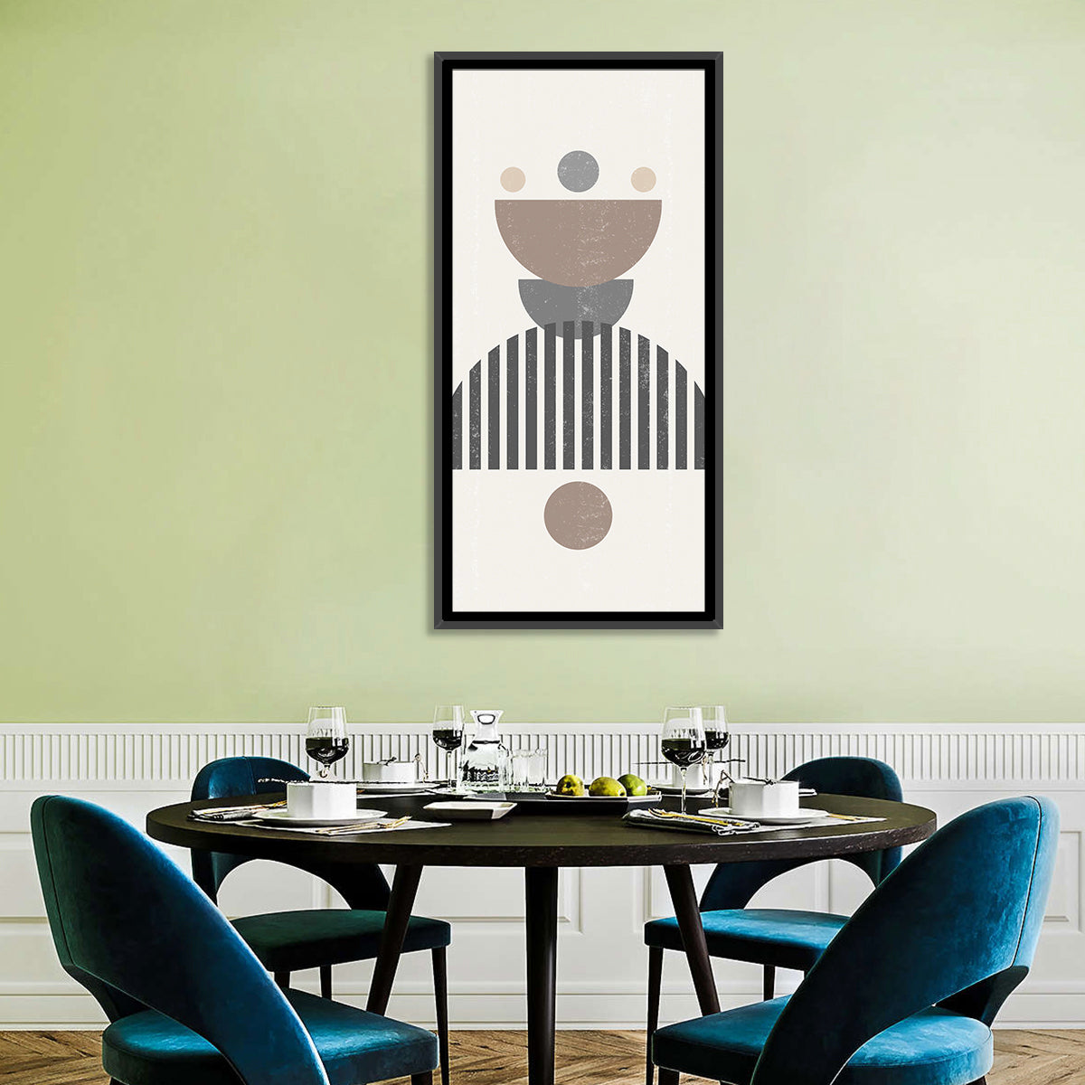 Stacked Sun and Moon Minimalist Wall Art in a room, portrait
