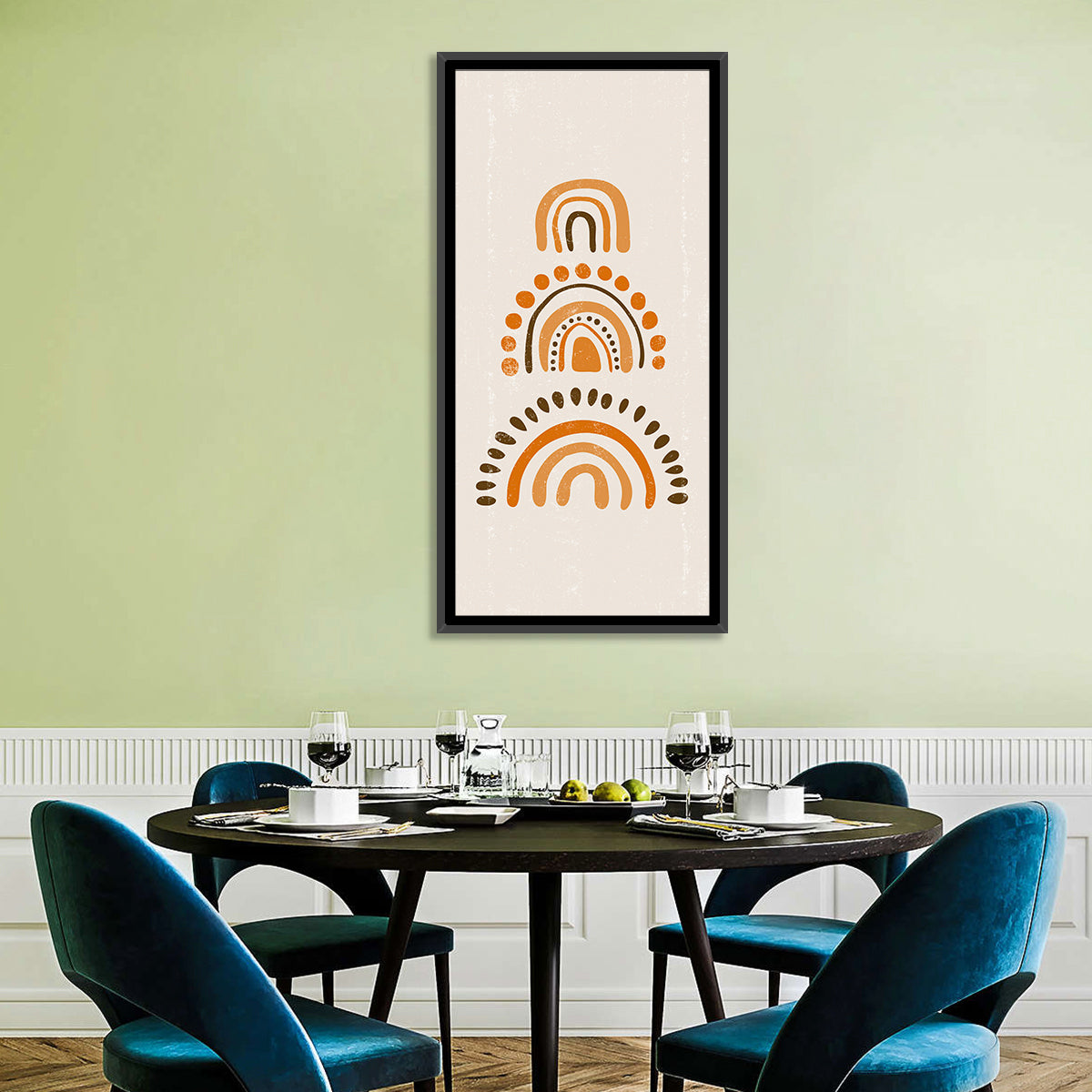 Vintage Boho Rainbow Arches Wall Art in a room, portrait
