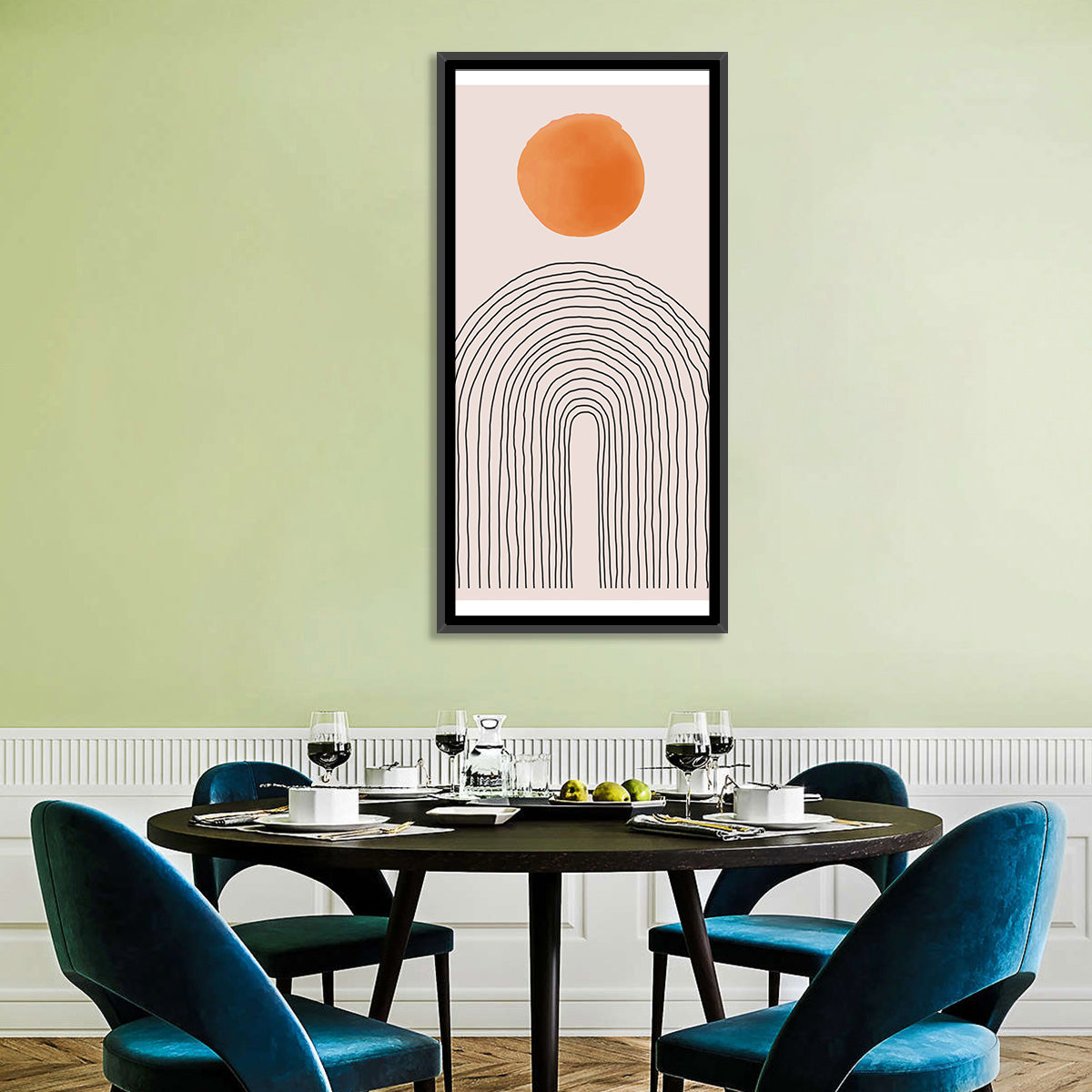 Hand-drawn Sun and Arches Wall Art in a room, portrait