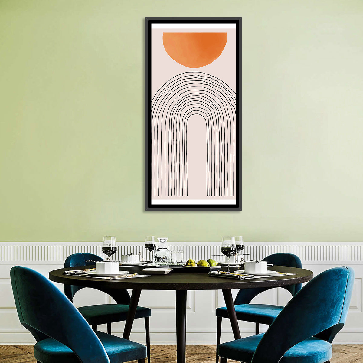 Geometric Sunset Arch Wall Art in a room, portrait