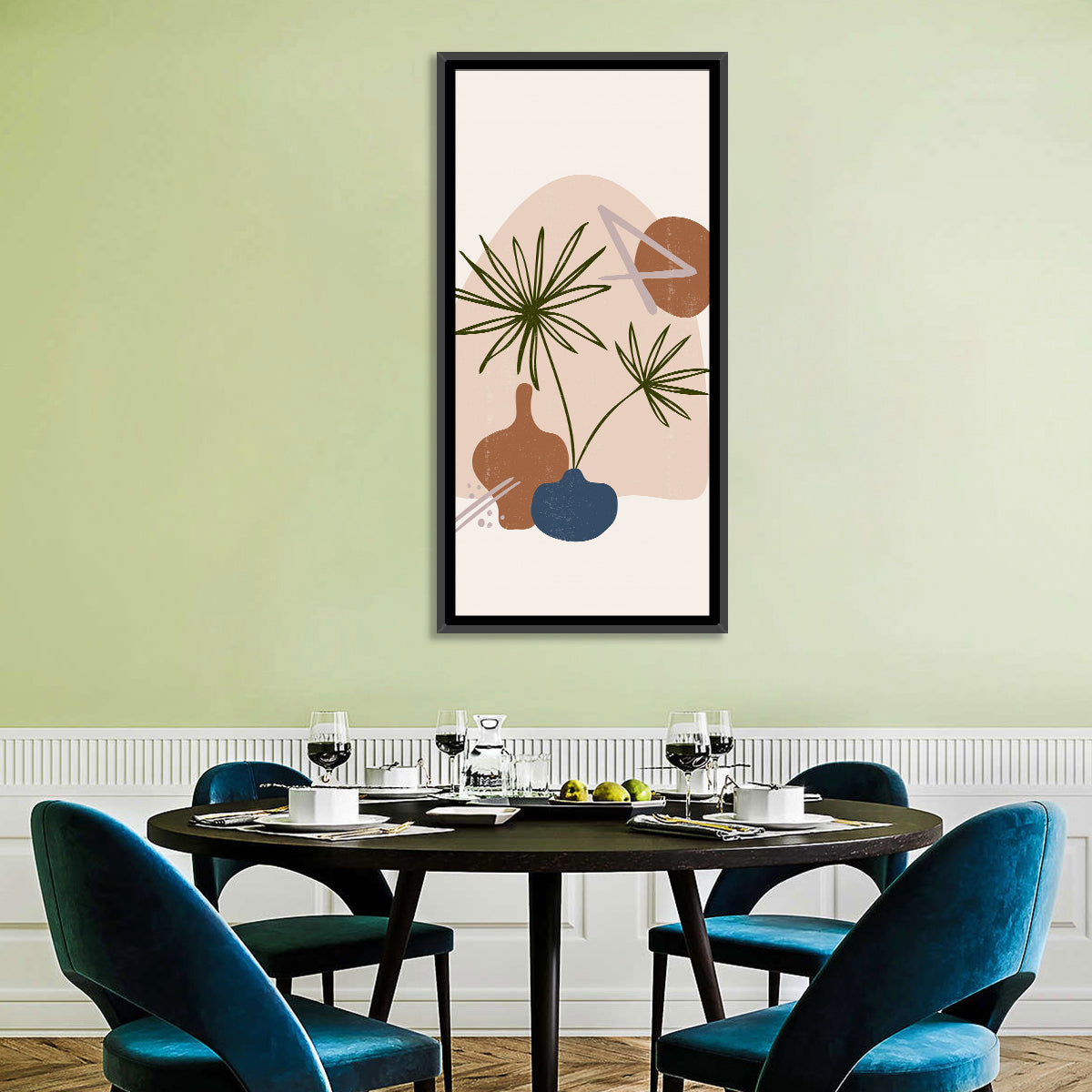 Palm Leaves and Vases Abstract Wall Art in a room, portrait