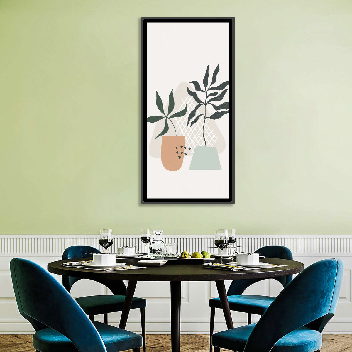 Potted Plants with Hand-drawn Grid Wall Art