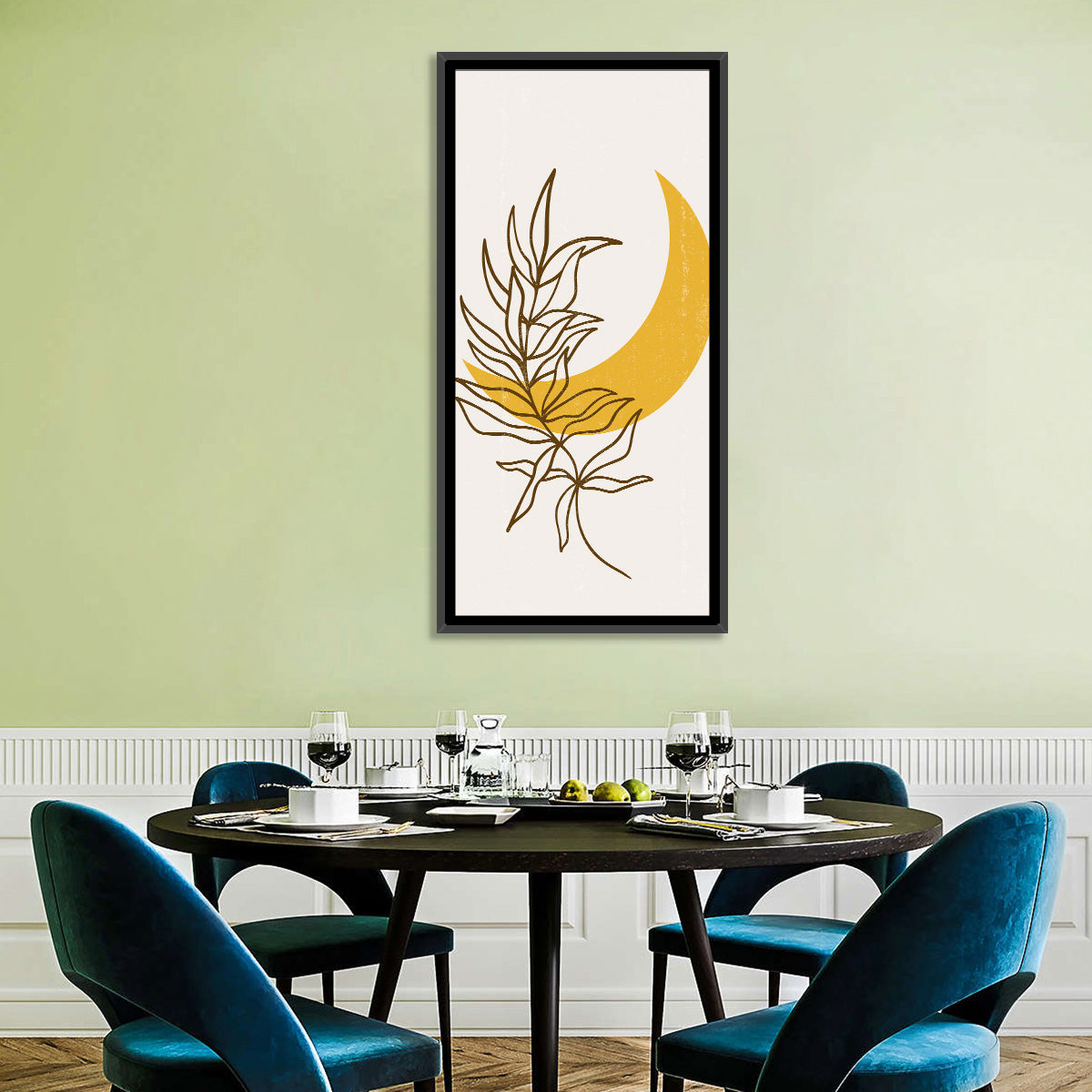 Crescent Moon Leaf Illustration Wall Art in a room, portrait