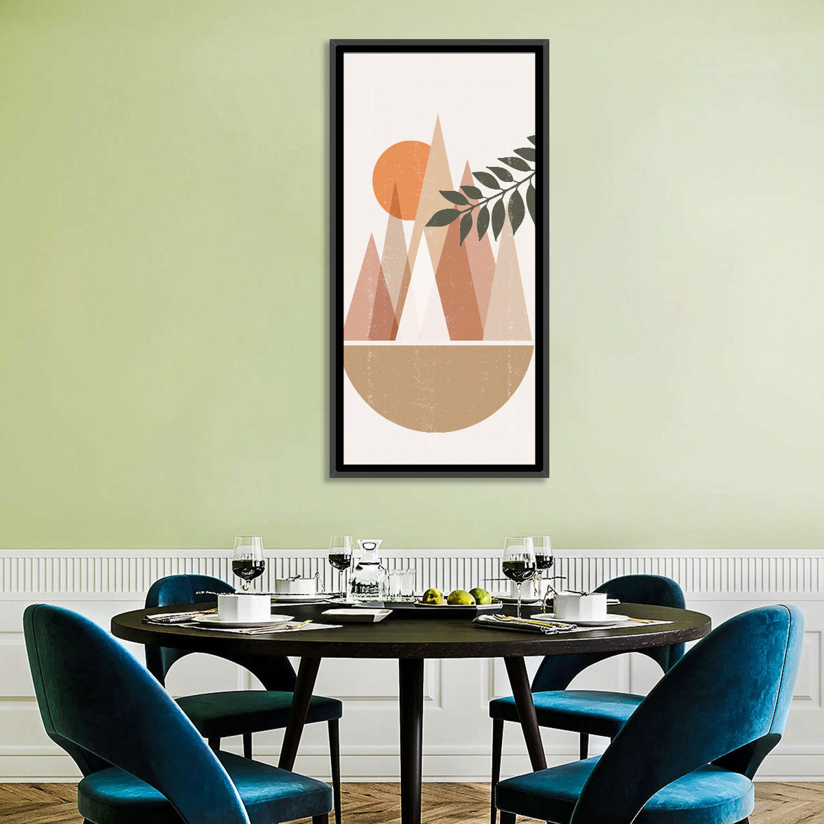 Geometric Mountain Sunset Wall Art in a room, portrait