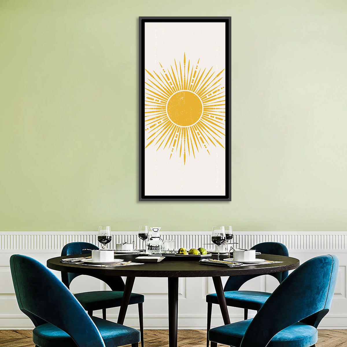Golden Boho Sunburst Wall Art in a room, portrait