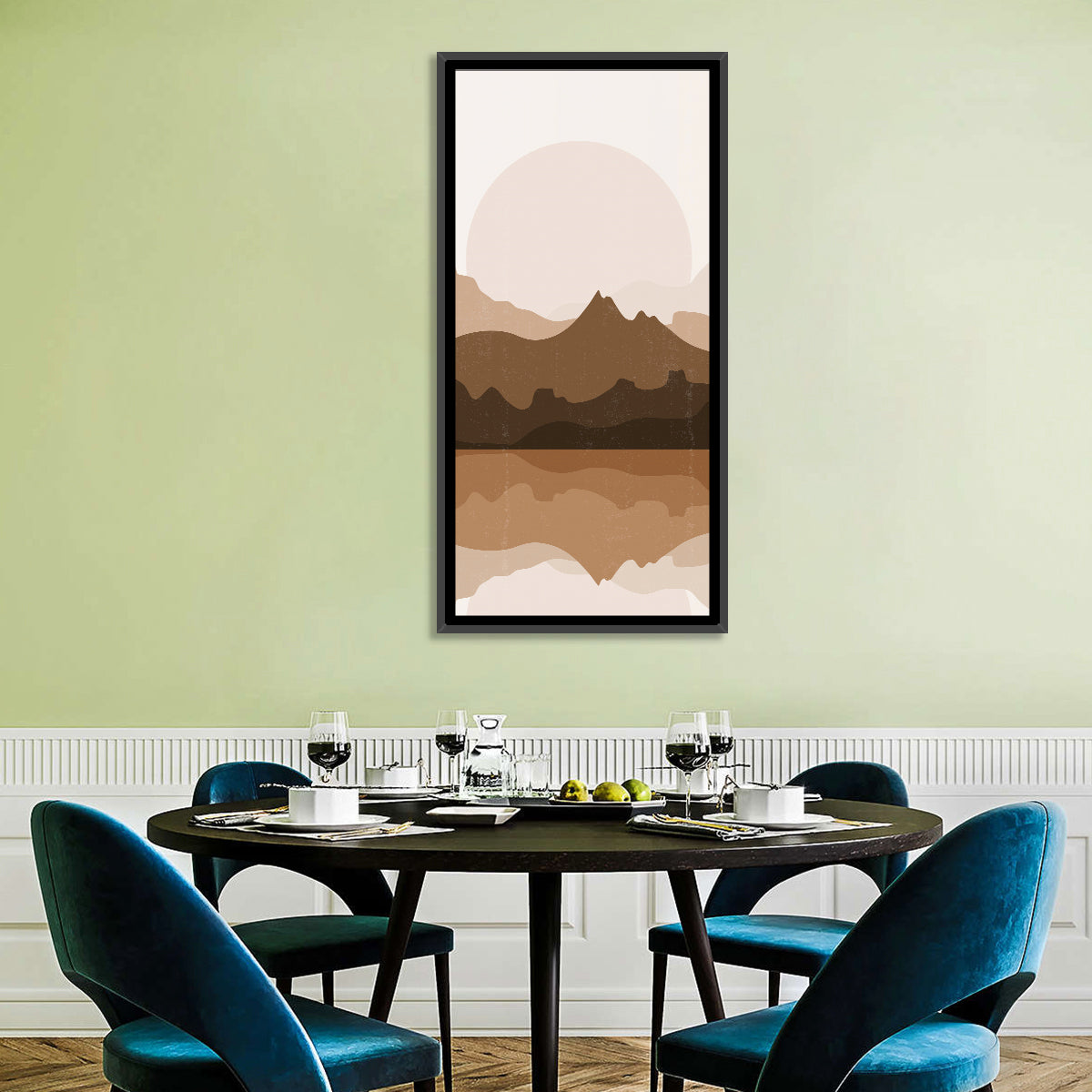 Layered Mountain Lake Sunset Wall Art in a room, portrait