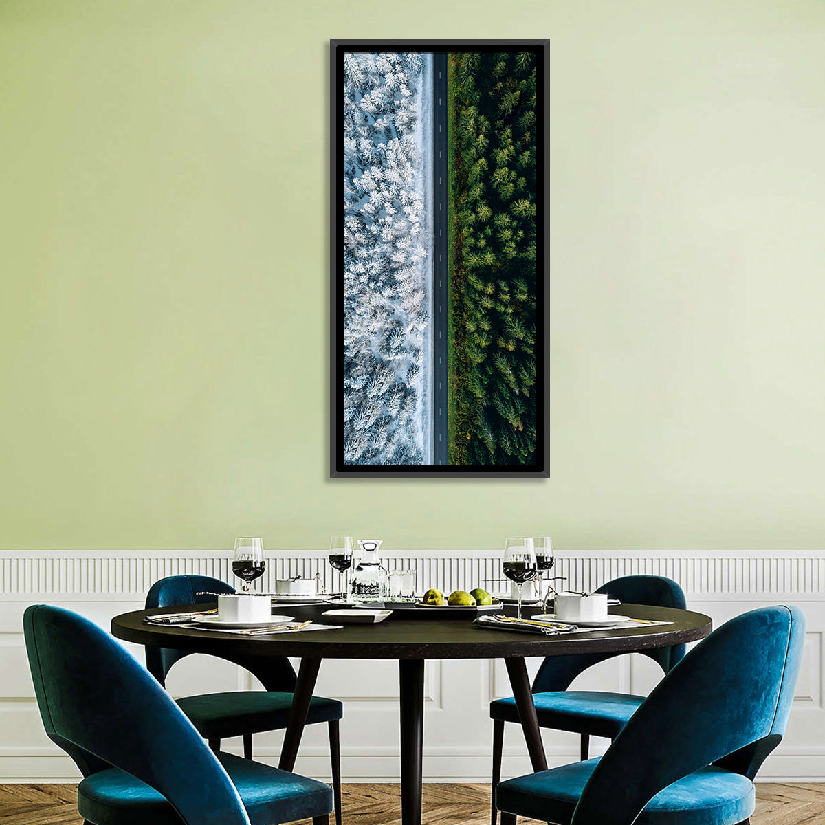 Summer and Winter Forests Wall Art in a room, portrait