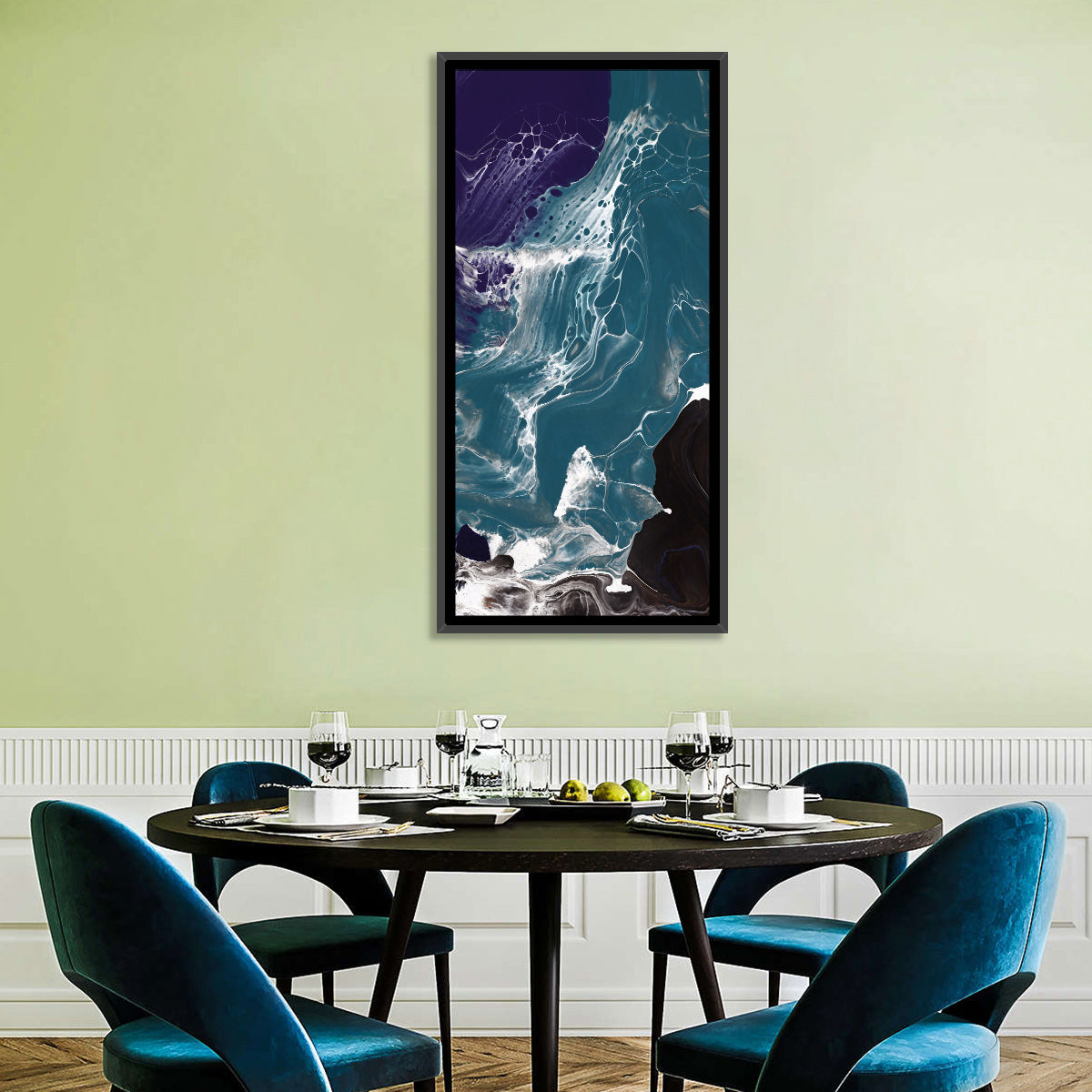 Teal and Purple Marble Texture Wall Art in a room, portrait