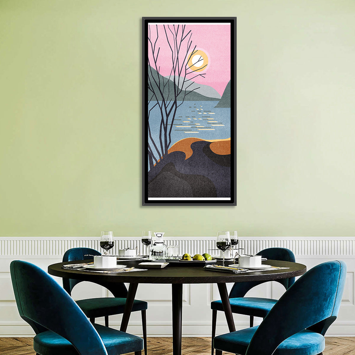 Sunset Over Lake with Bare Tree Wall Art in a room, portrait