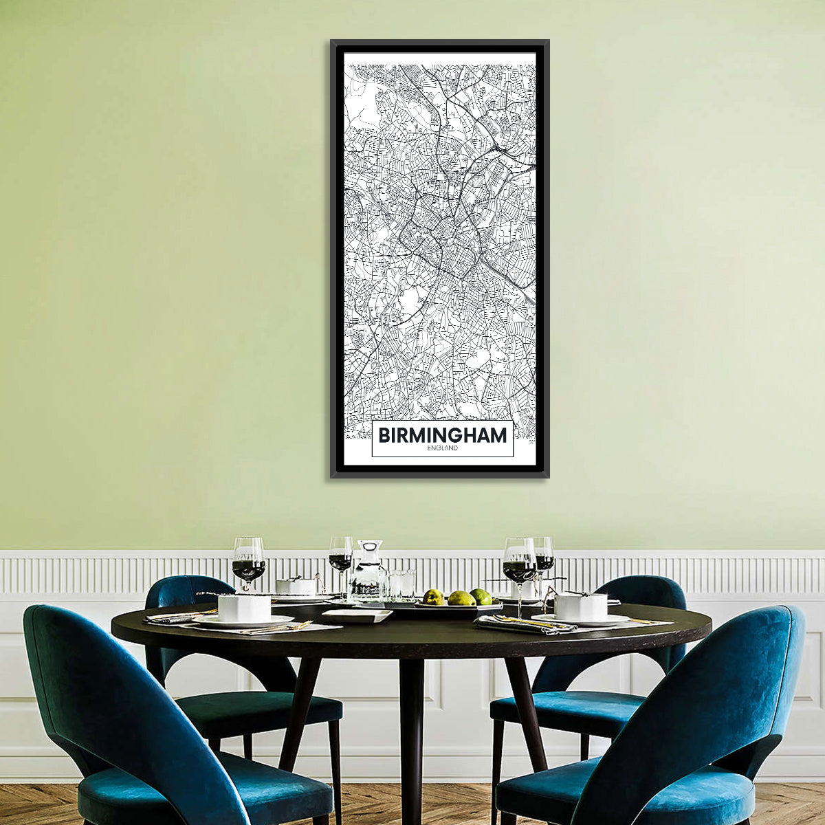 Birmingham Minimalist City Map Wall Art in a room, portrait