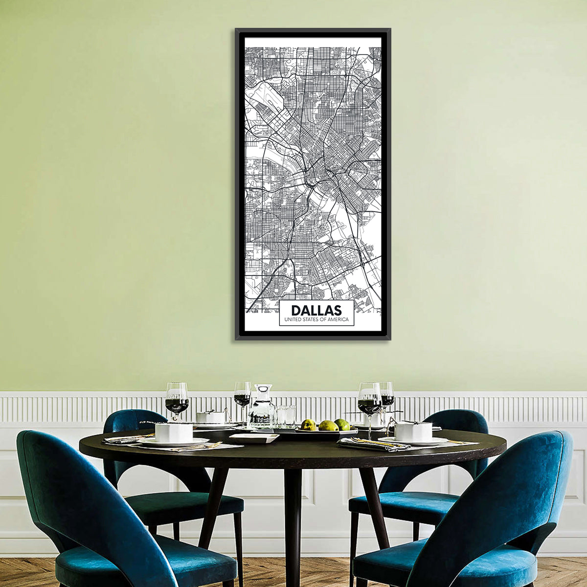 Dallas City Map with Coordinates Wall Art in a room, portrait