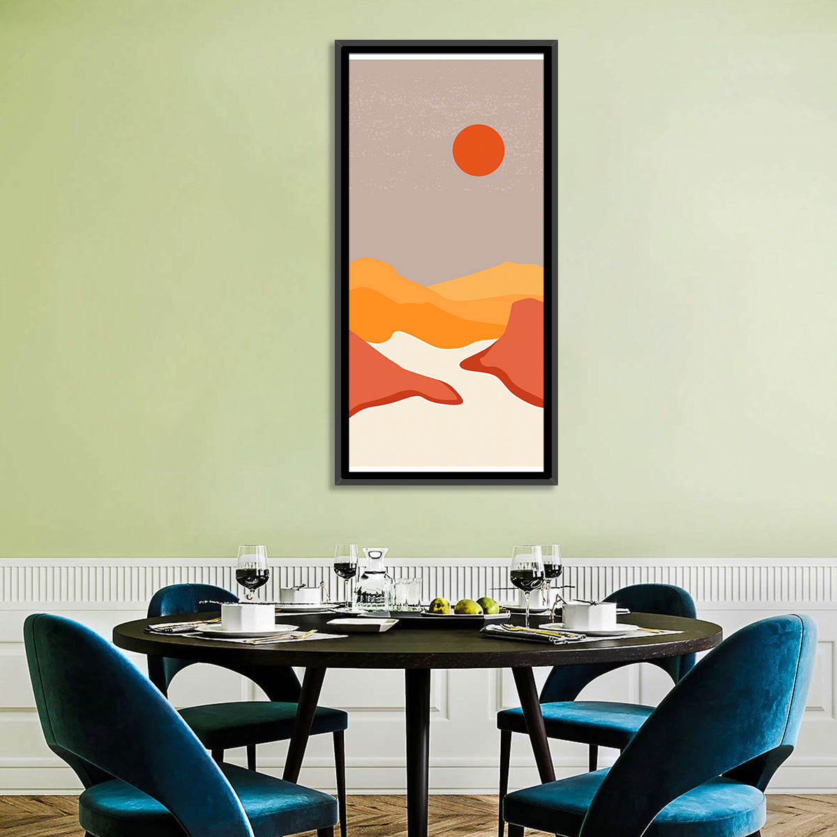 Desert Sunset Mountain Landscape Wall Art in a room, portrait