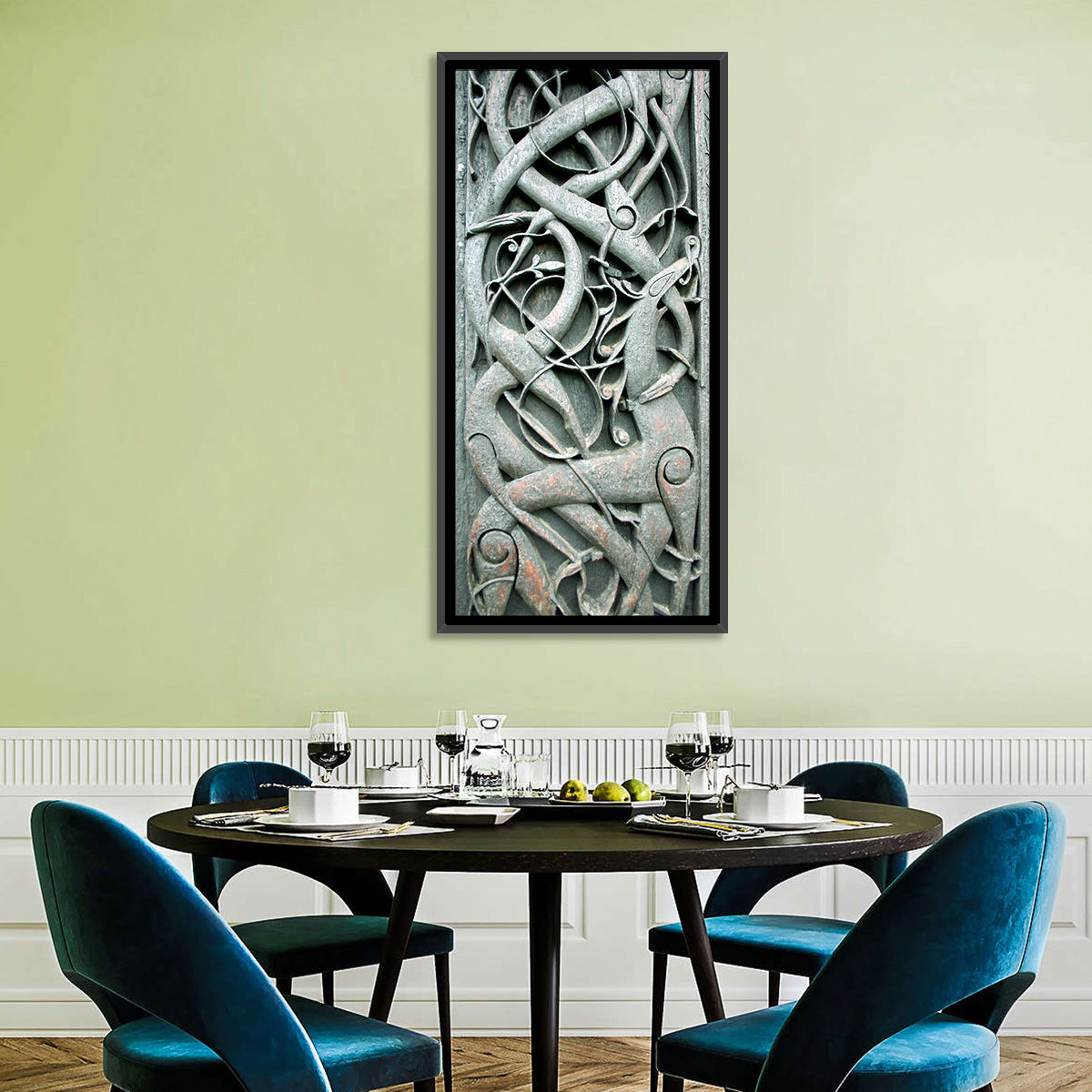 Norwegian Urnes Wood Carving Wall Art in a room, portrait