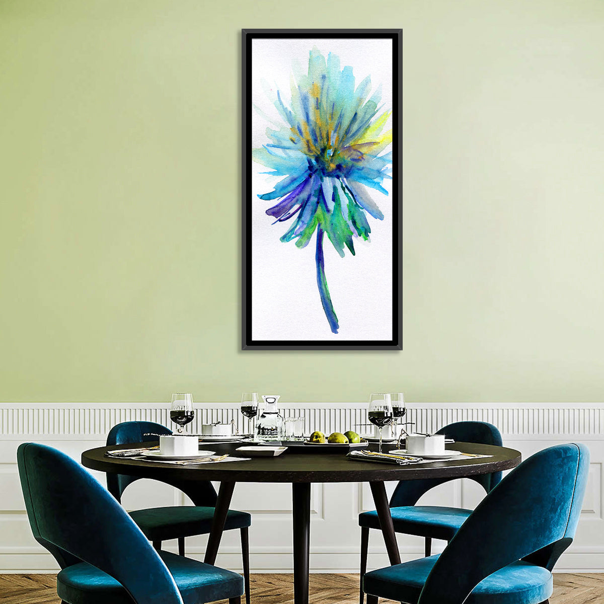 Ethereal Blue Watercolor Flower Wall Art in a room, portrait