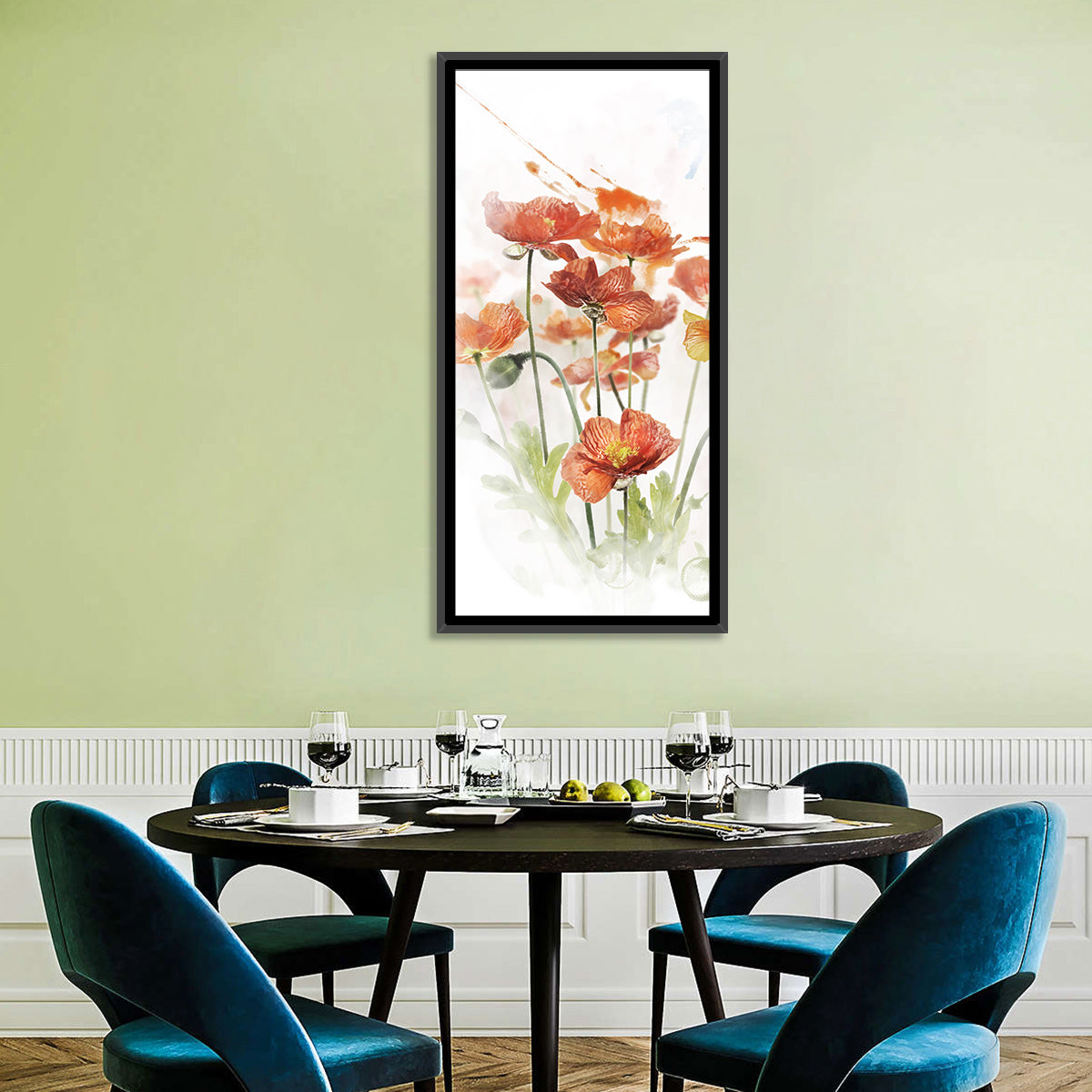 Orange Poppy Cluster Wall Art in a room, portrait