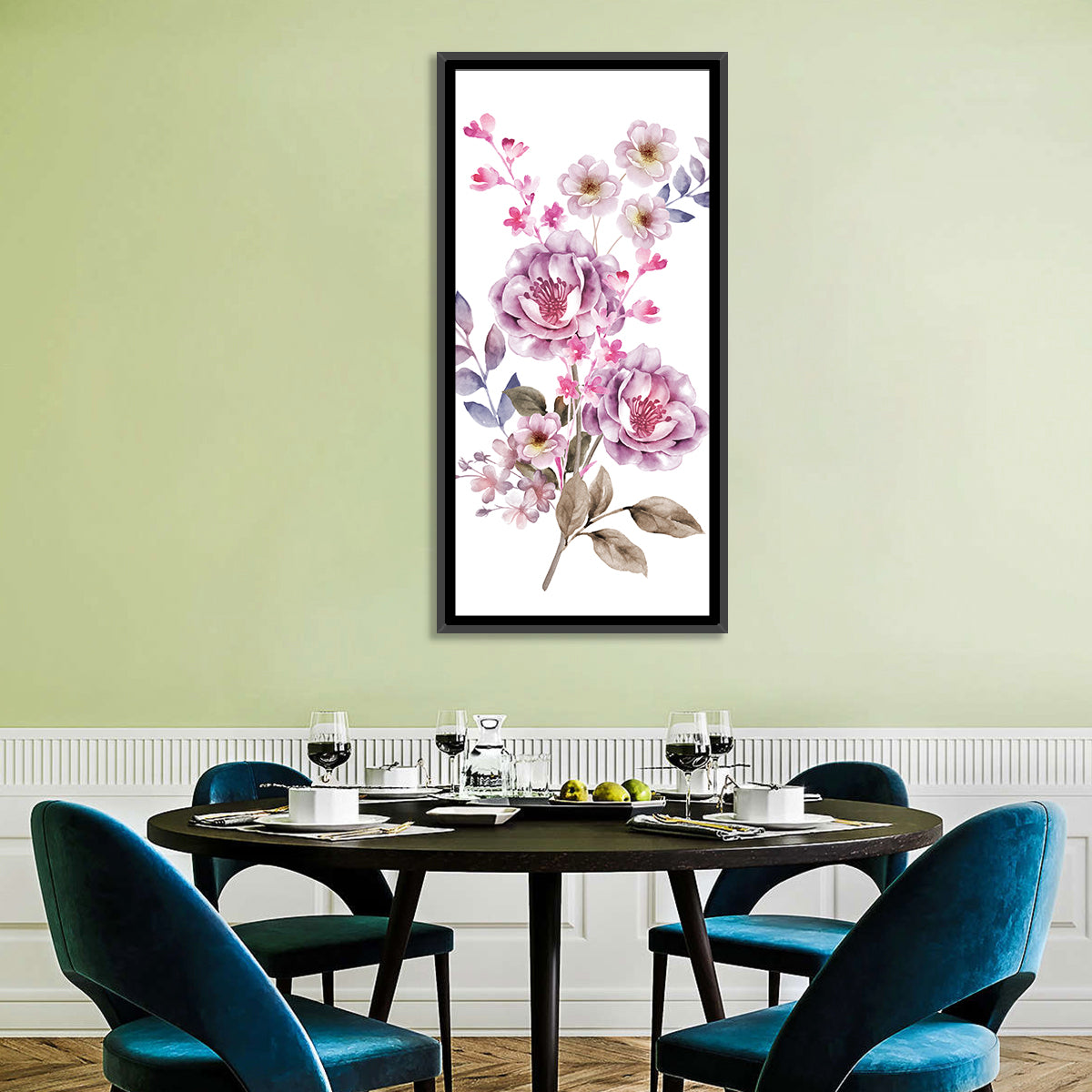Lavender Watercolor Bouquet Wall Art in a room, portrait