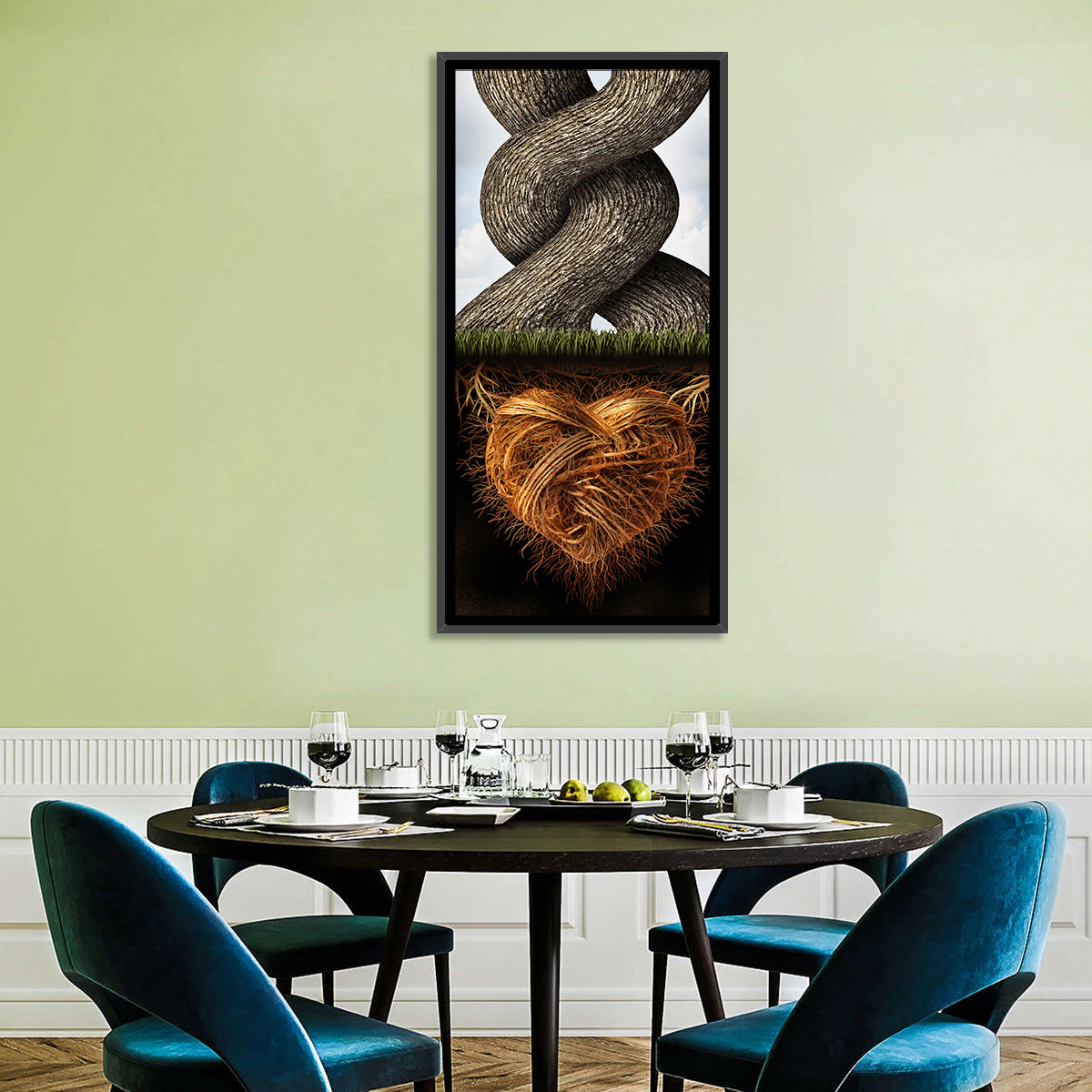 Intertwined Trees with Heart-shaped Roots Wall Art in a room, portrait