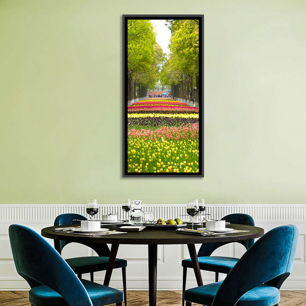 Tree-lined Tulip Garden Path Wall Art in a room, portrait