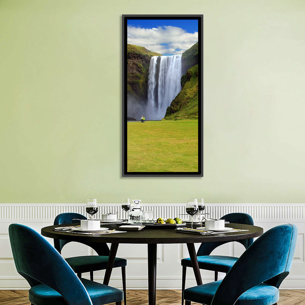 Skógafoss Waterfall Wall Art in a room, portrait