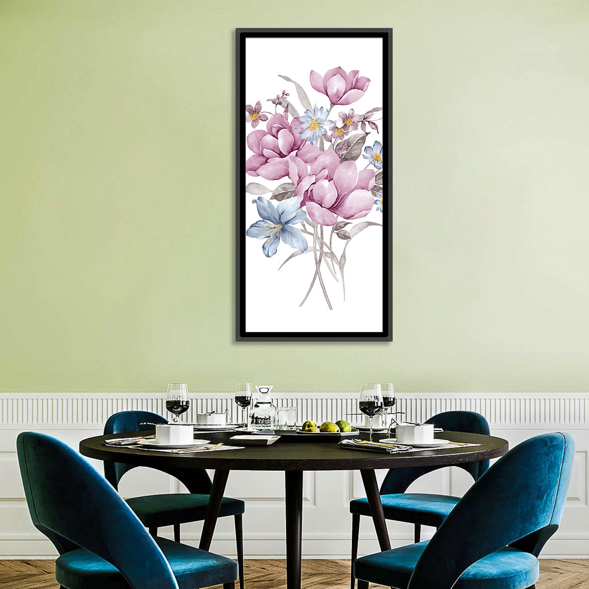 Pink Watercolor Bouquet Illustration Wall Art in a room, portrait