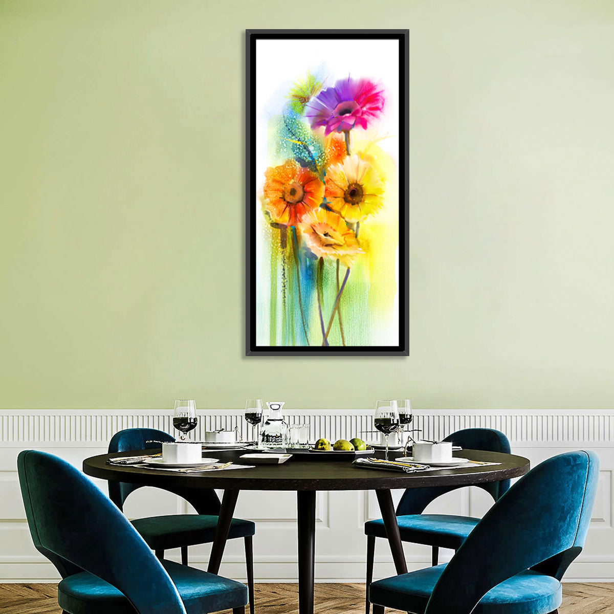 Gerbera Daisy Watercolor Bouquet Wall Art in a room, portrait