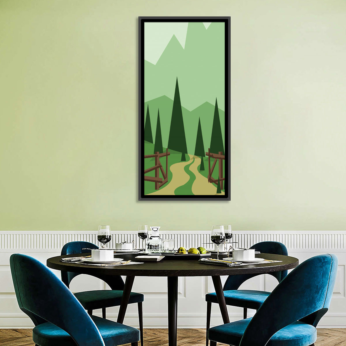 Winding Forest Path Wall Art in a room, portrait