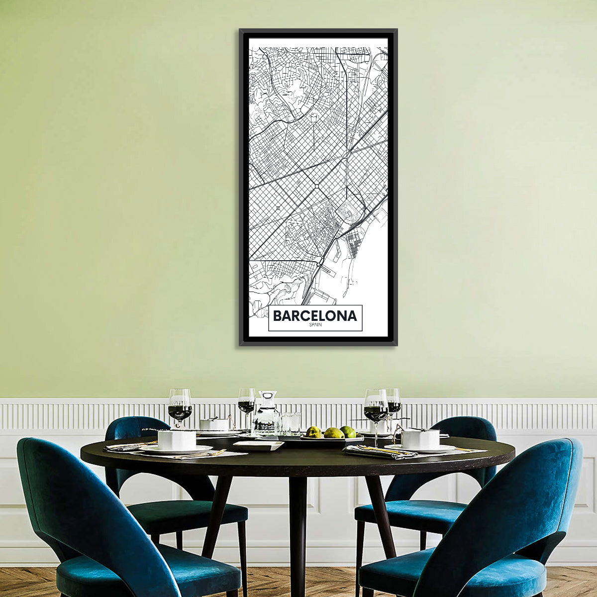 Barcelona Urban Grid Map Wall Art in a room, portrait