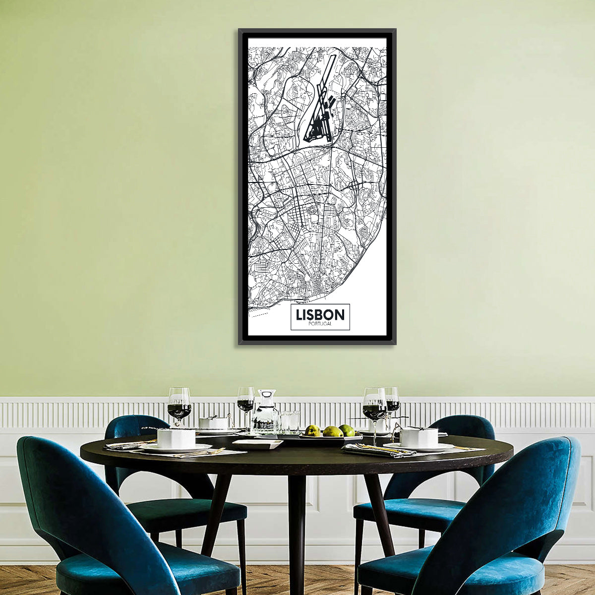Lisbon Schematic Map Wall Art in a room, portrait