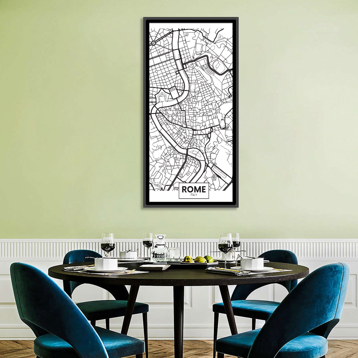 Minimalist Rome City Map Wall Art in a room, portrait