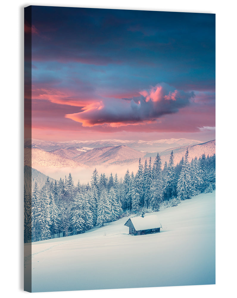 Cabin at Winter Sunrise Wall Art, canvas print, portrait