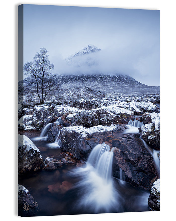 Buachaille Etive Mòr Winter Waterfall Wall Art as a canvas print