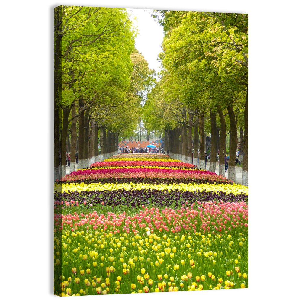Tree-lined Tulip Garden Path Wall Art, canvas print, portrait