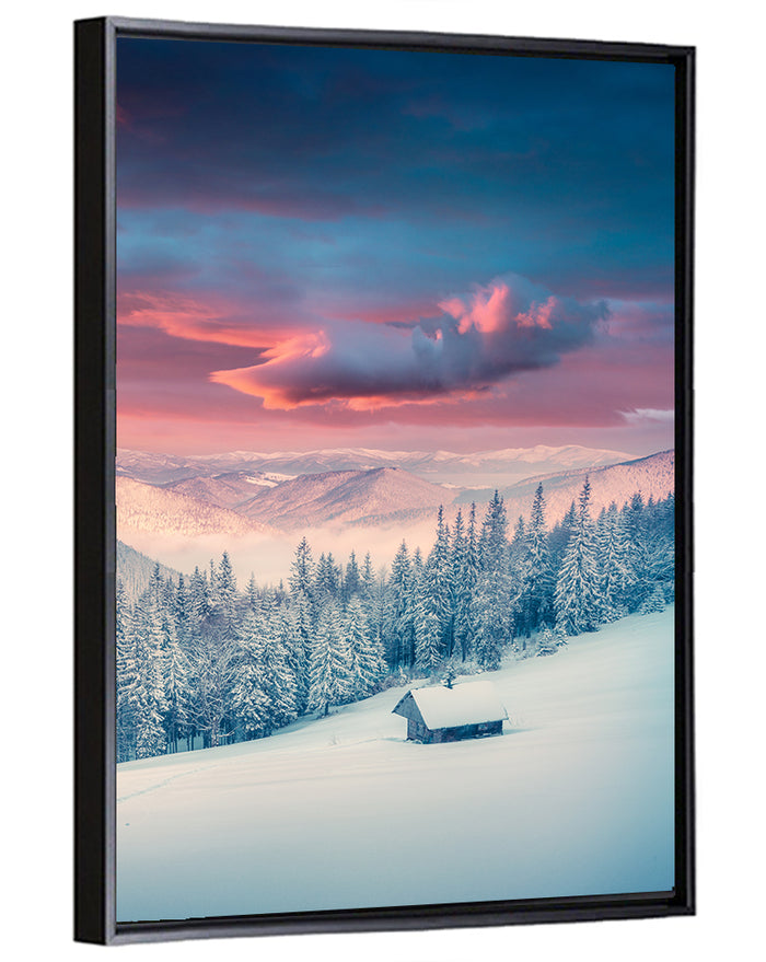 Cabin at Winter Sunrise Wall Art as a framed canvas