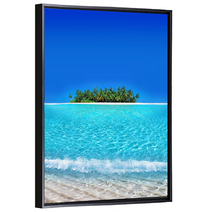 Turquoise Atoll Sandbar with Palm Trees Wall Art as a framed canvas