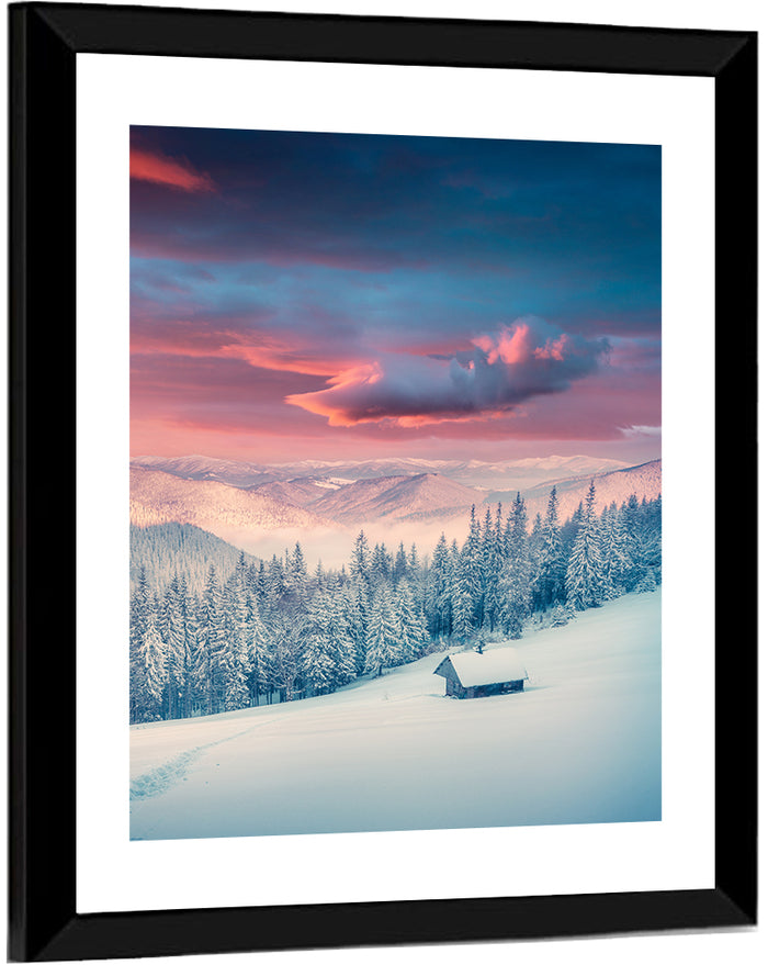 Cabin at Winter Sunrise Wall Art as a framed print